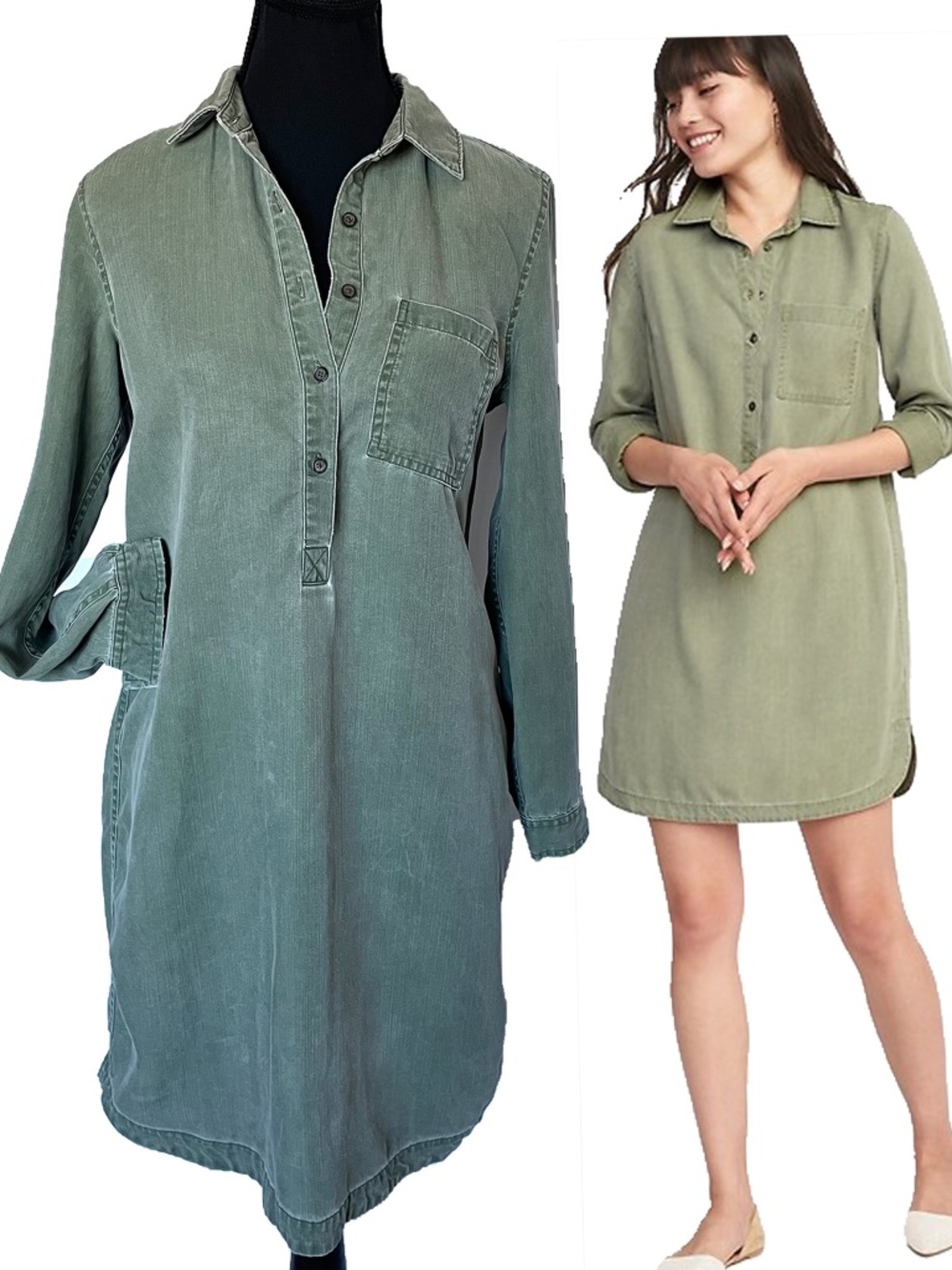 Old Navy Tencel Green Shirt Dress Denim Tunic Long Sleeve Coast Cowgirl Size XS